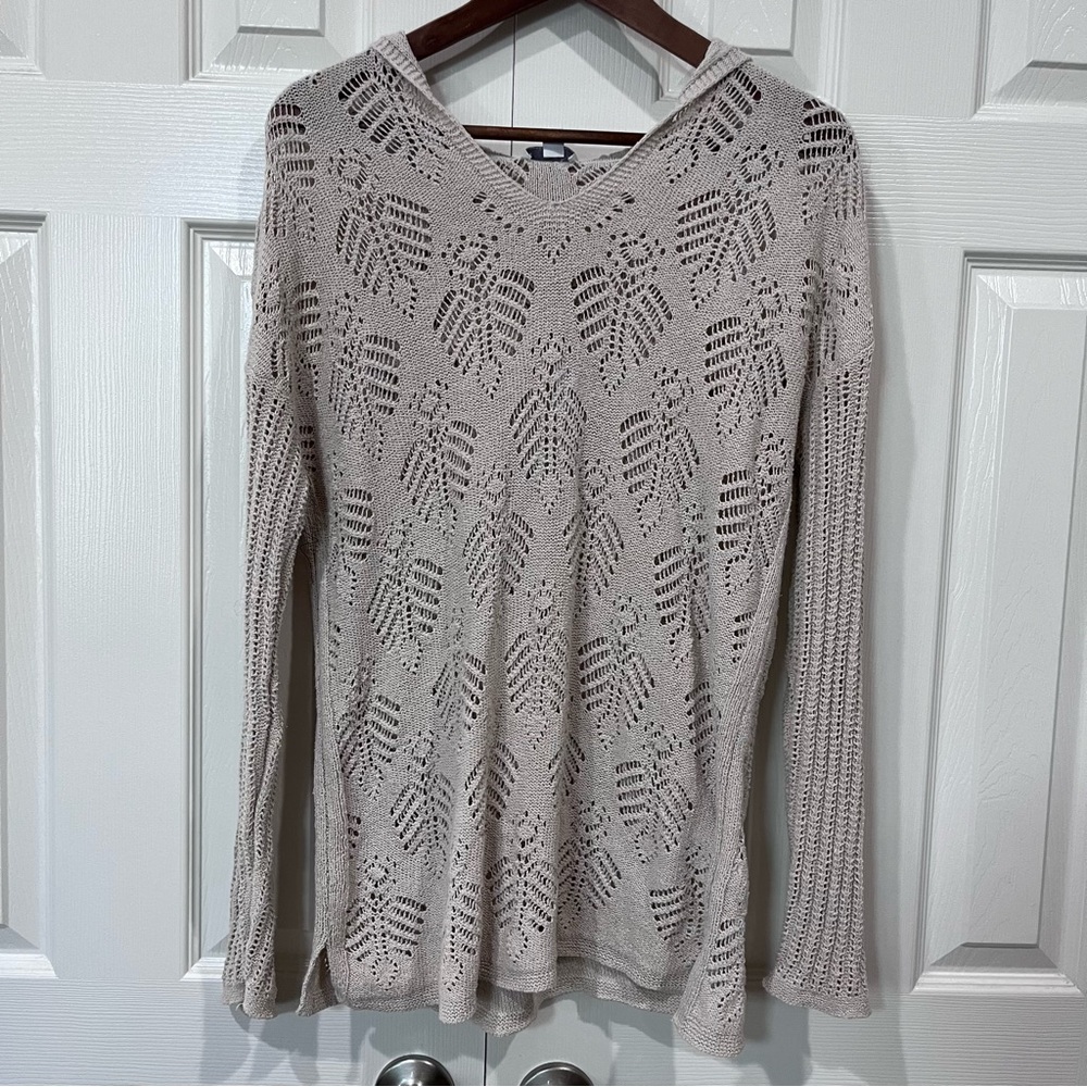 J. Jill Crochet Hoodie Cotton Sweater Beige Size S *Flaw*